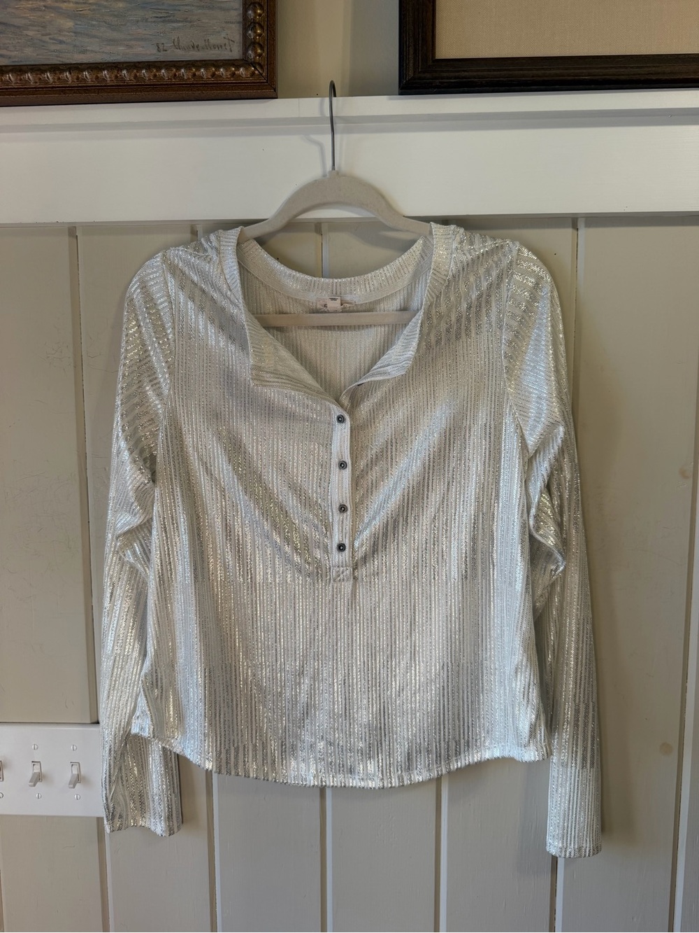 Anthropologie Metallic Silver Button-Front Top, Size 1X, NWOT